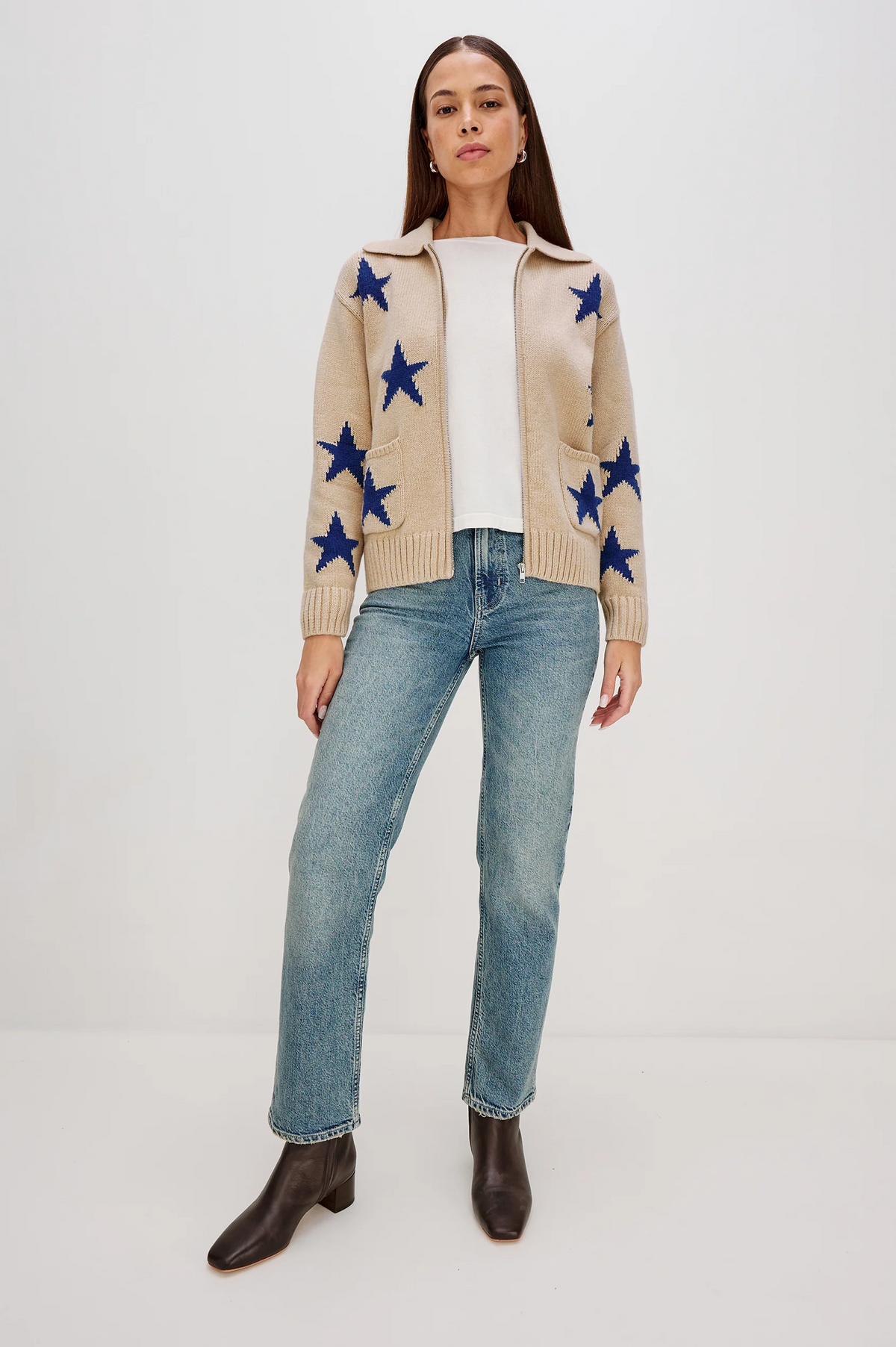 Rhea Sweater - Camel Cobalt Stars