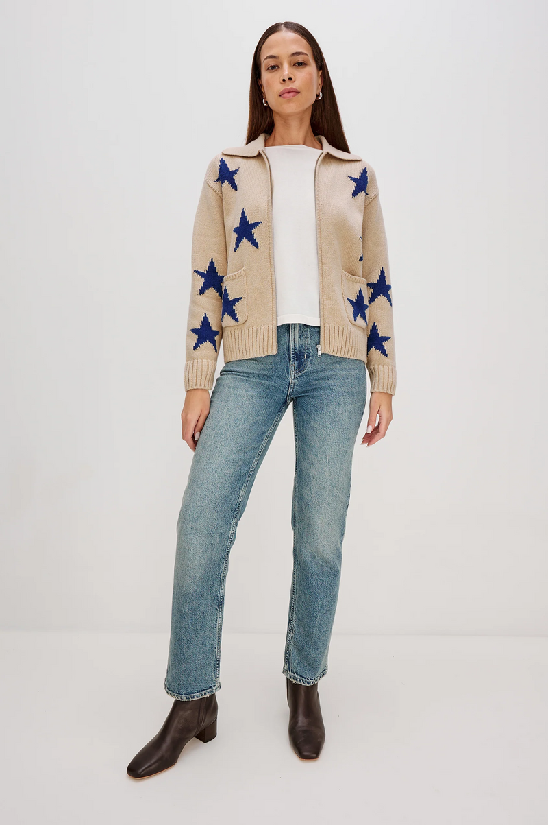 Rhea Sweater - Camel Cobalt Stars