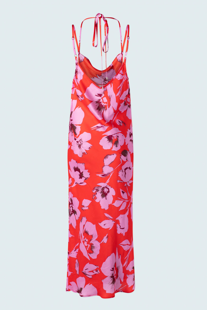 Printed Slip Dress With Cowl Neck - Satin Pink Floral