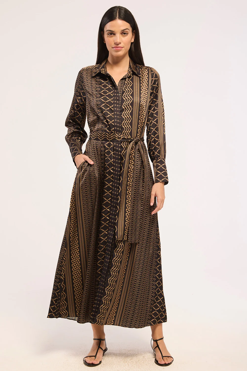 Herminia Dress - Noir Geometry Satin