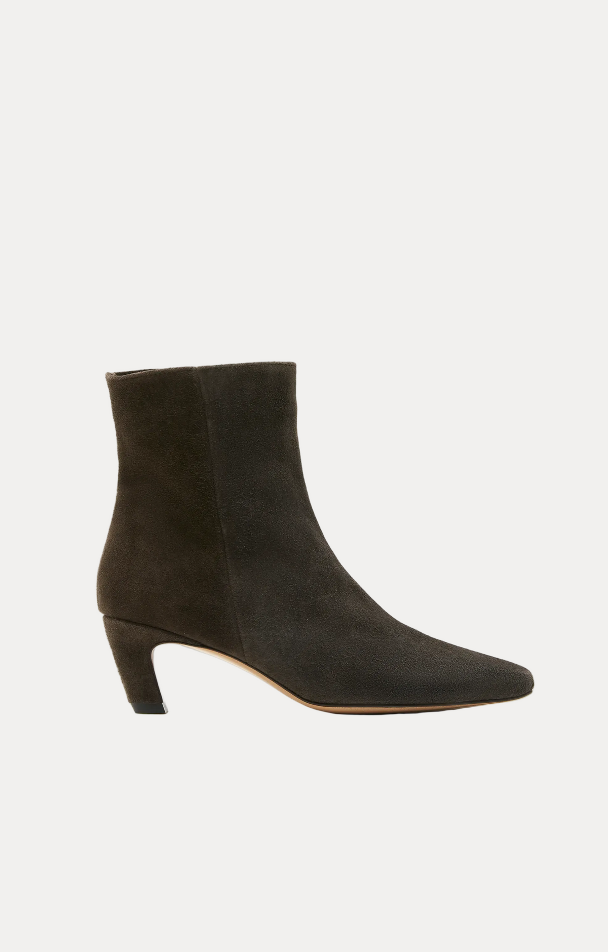 A dark brown suede ankle boot with a pointed toe and a low block heel, shown from a side profile on a white background.