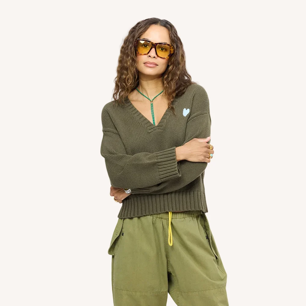 Saturday V Neck Sweater - Army Green