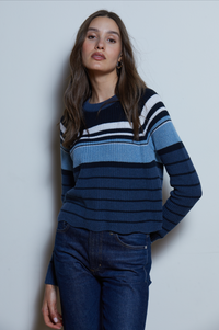 Engineered Stripe Scalloped Shaker Crew - Raw Denim/Navy Blue Combo