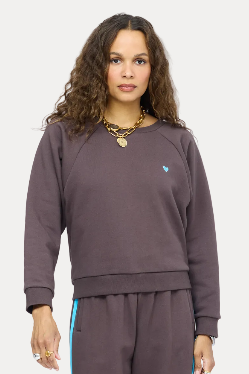 A woman modeling a matching dark brown sweatshirt and wide-leg sweatpants set with bright blue side stripes, photographed against a light gray studio background.