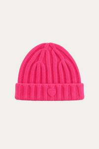 A bright pink ribbed knit beanie hat with a small matching pink heart detail on the front of the folded cuff, shown against a plain white background.