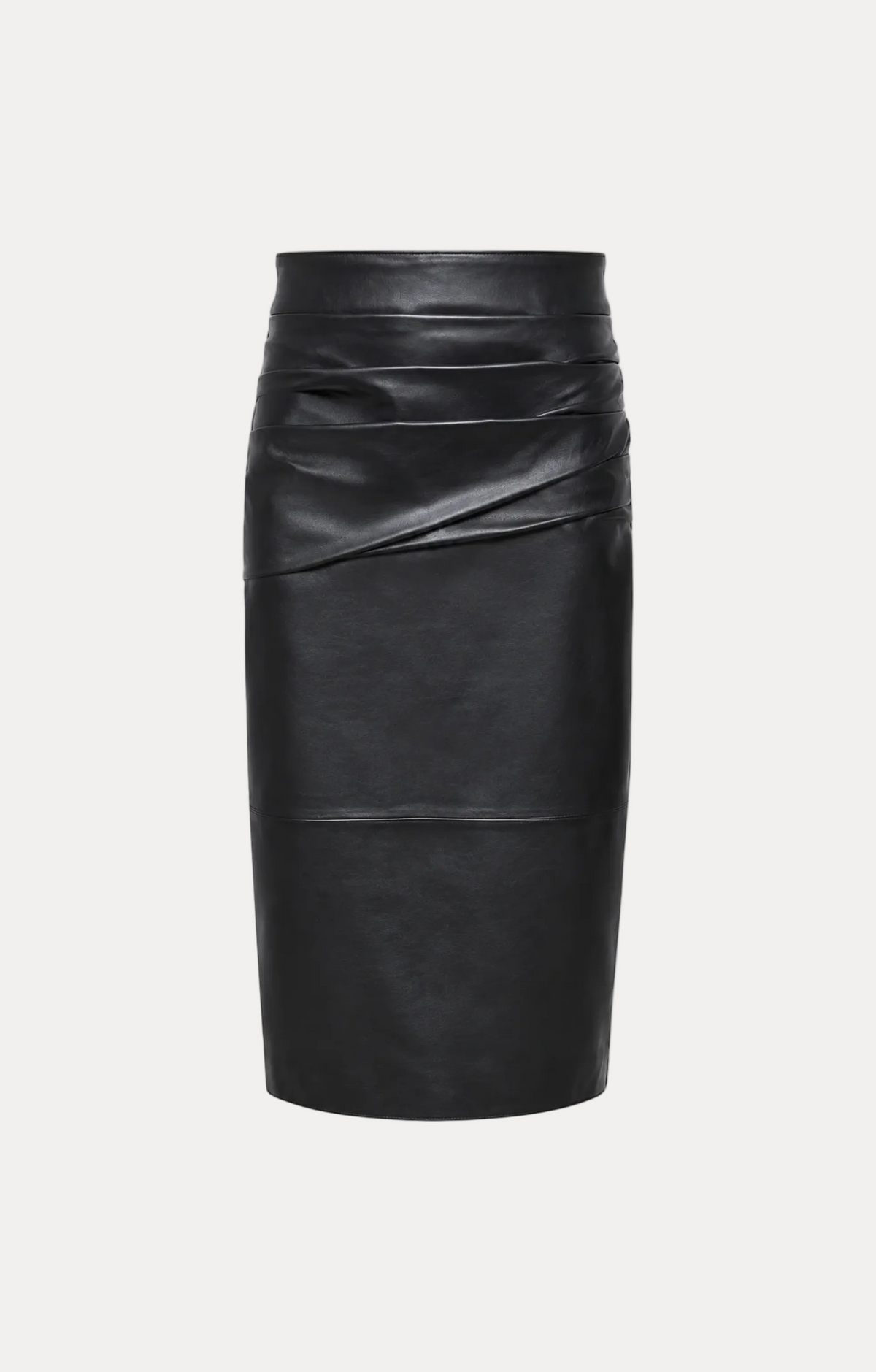 A black faux-leather pencil skirt with a draped, gathered waist design, shown against a plain white background.