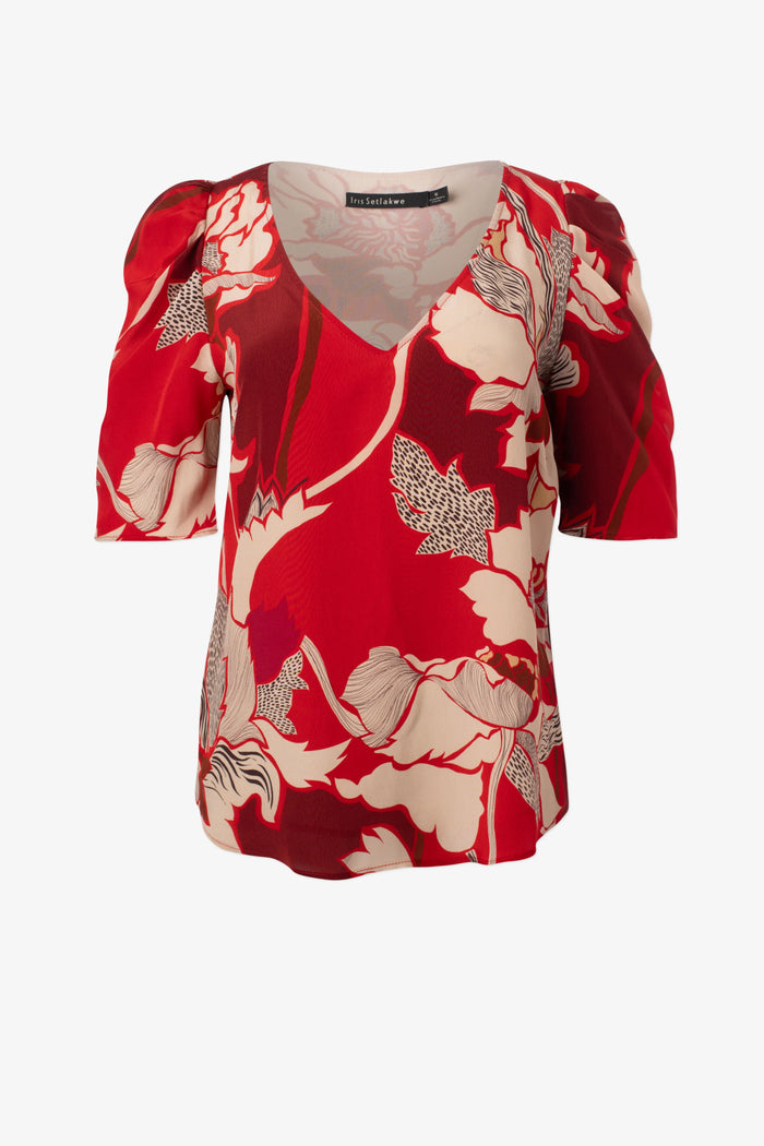 Printed Short Sleeve V Neck Blouse - Red Floral