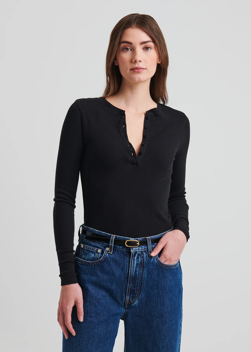 Pima Cotton Stretch Ribbed Long Sleeve Henley - Black