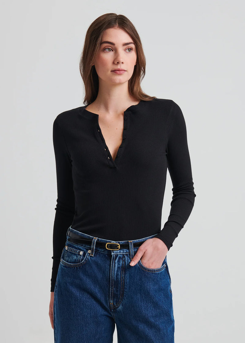 Pima Cotton Stretch Ribbed Long Sleeve Henley - Black