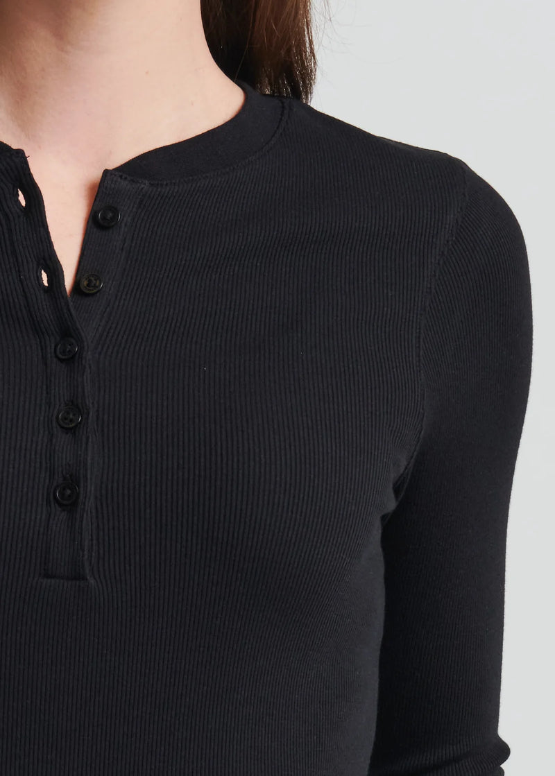 Pima Cotton Stretch Ribbed Long Sleeve Henley - Black