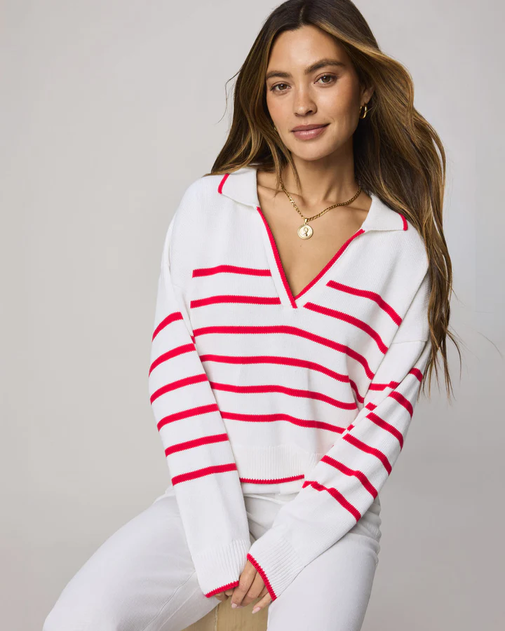 Arden Stripe Polo Sweater - White/Rogue