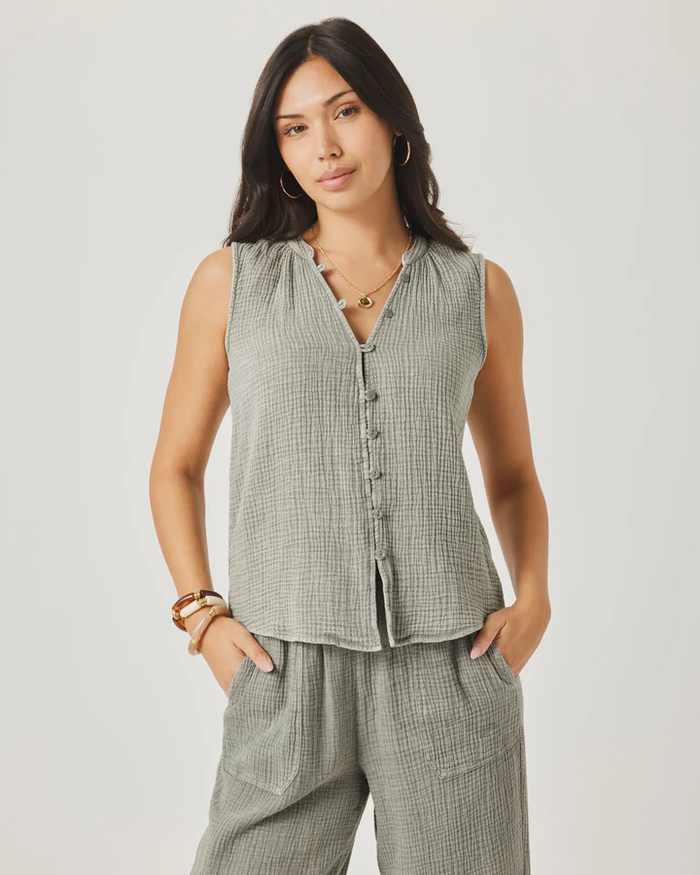Ava Gauze Button Tank - Eucalyptus