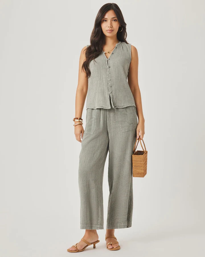 Ava Gauze Button Tank - Eucalyptus