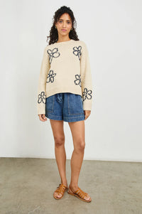 Zoey Sweater - Ivory Navy Stitched Daisies