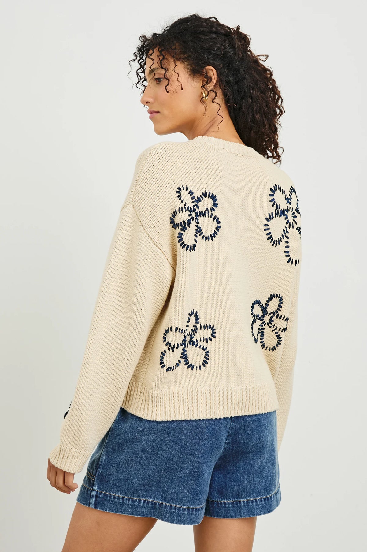 Zoey Sweater - Ivory Navy Stitched Daisies