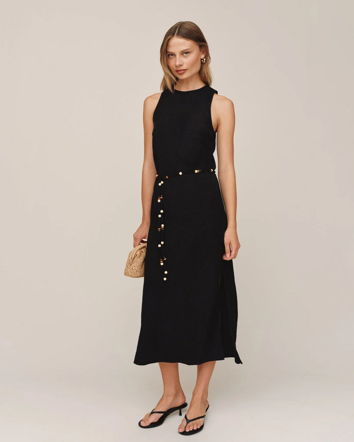 Bias Midi Dress With Beaded Belt - Black