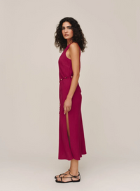 Bias Midi Dress With Beaded Belt - Sangria