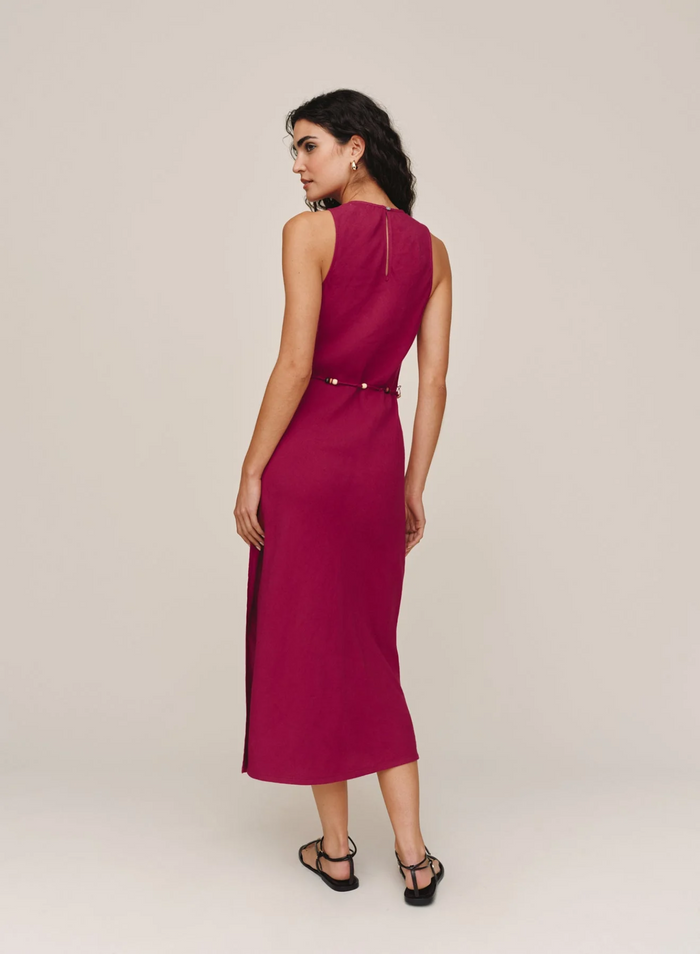 Bias Midi Dress With Beaded Belt - Sangria