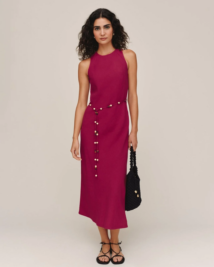 Bias Midi Dress With Beaded Belt - Sangria