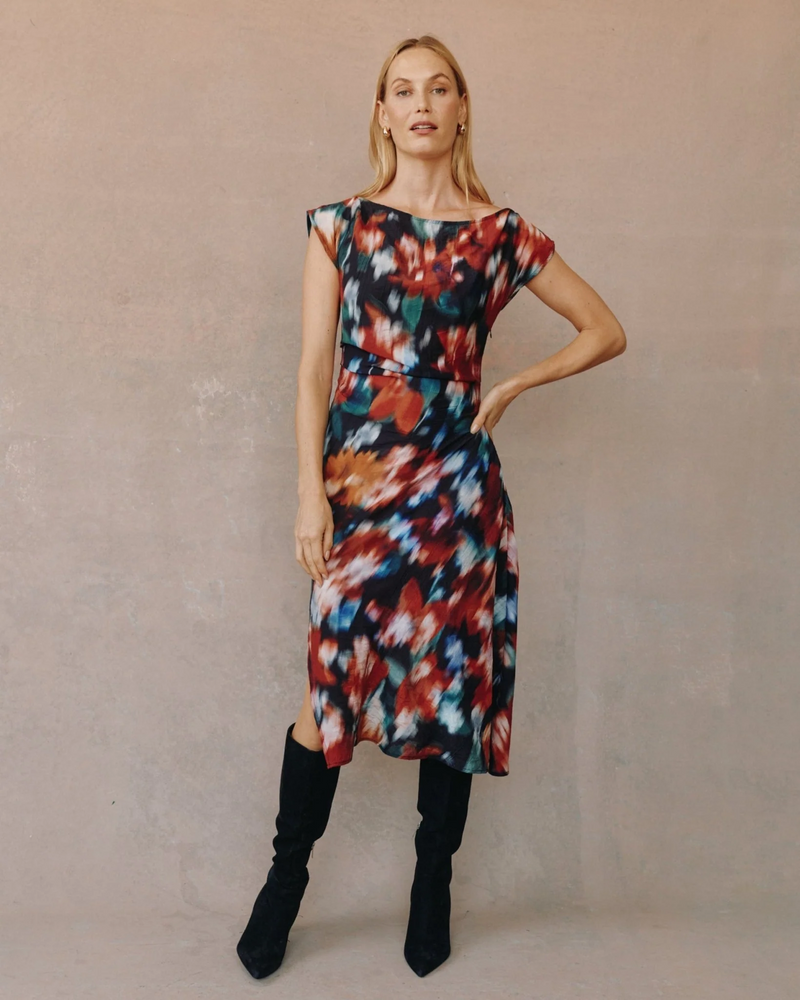 Boat Neck Cap Sleeve Midi Dress - Blurred Floral Print