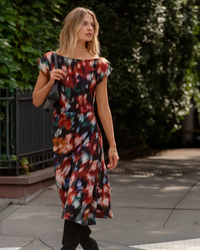 Boat Neck Cap Sleeve Midi Dress - Blurred Floral Print