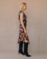 Boat Neck Cap Sleeve Midi Dress - Blurred Floral Print