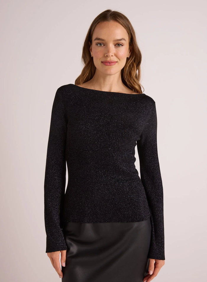 Boatneck Long Sleeve Sweater - Black With Metallic