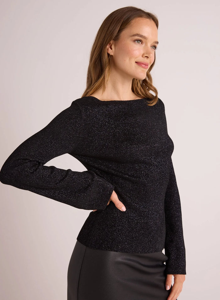 Boatneck Long Sleeve Sweater - Black With Metallic