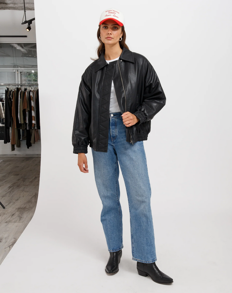 Christine Oversized Vegan Leather Bomber - Black