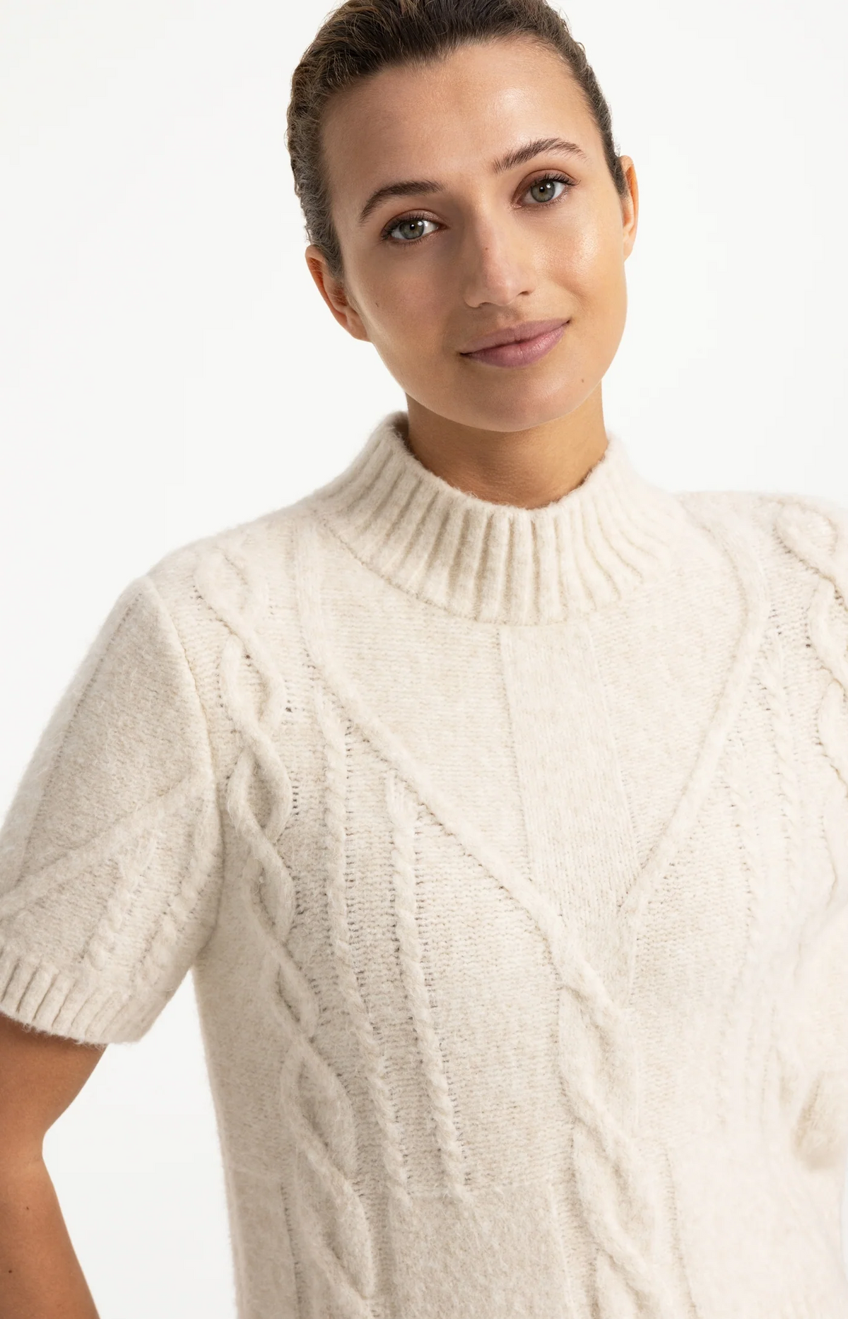 Cable Sweater Short Sleeve - Off White Melange