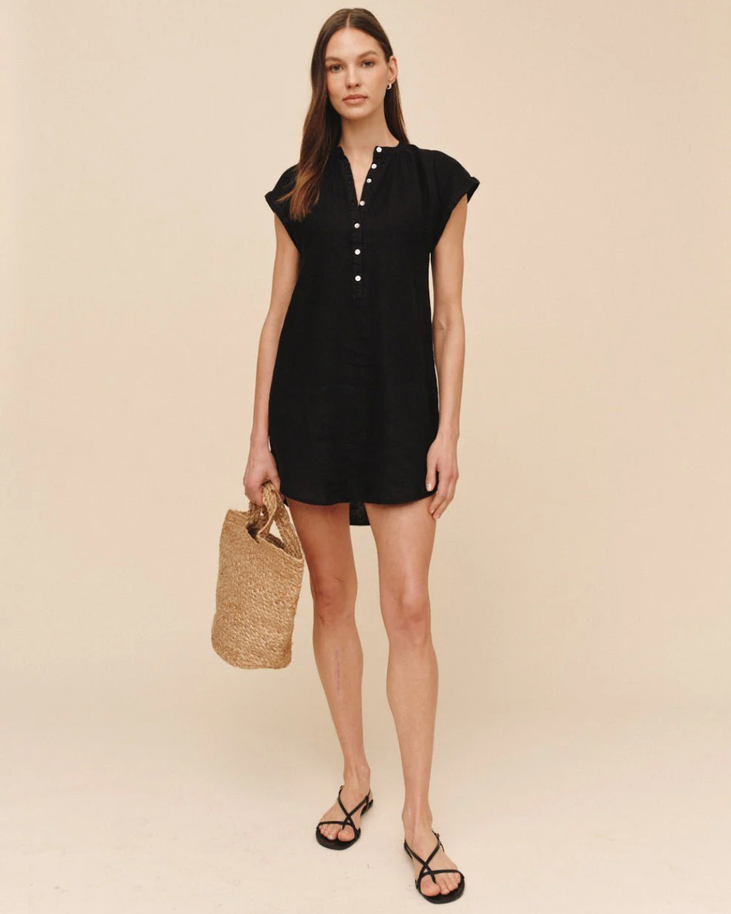 Cap Sleeve Henley Dress - Black