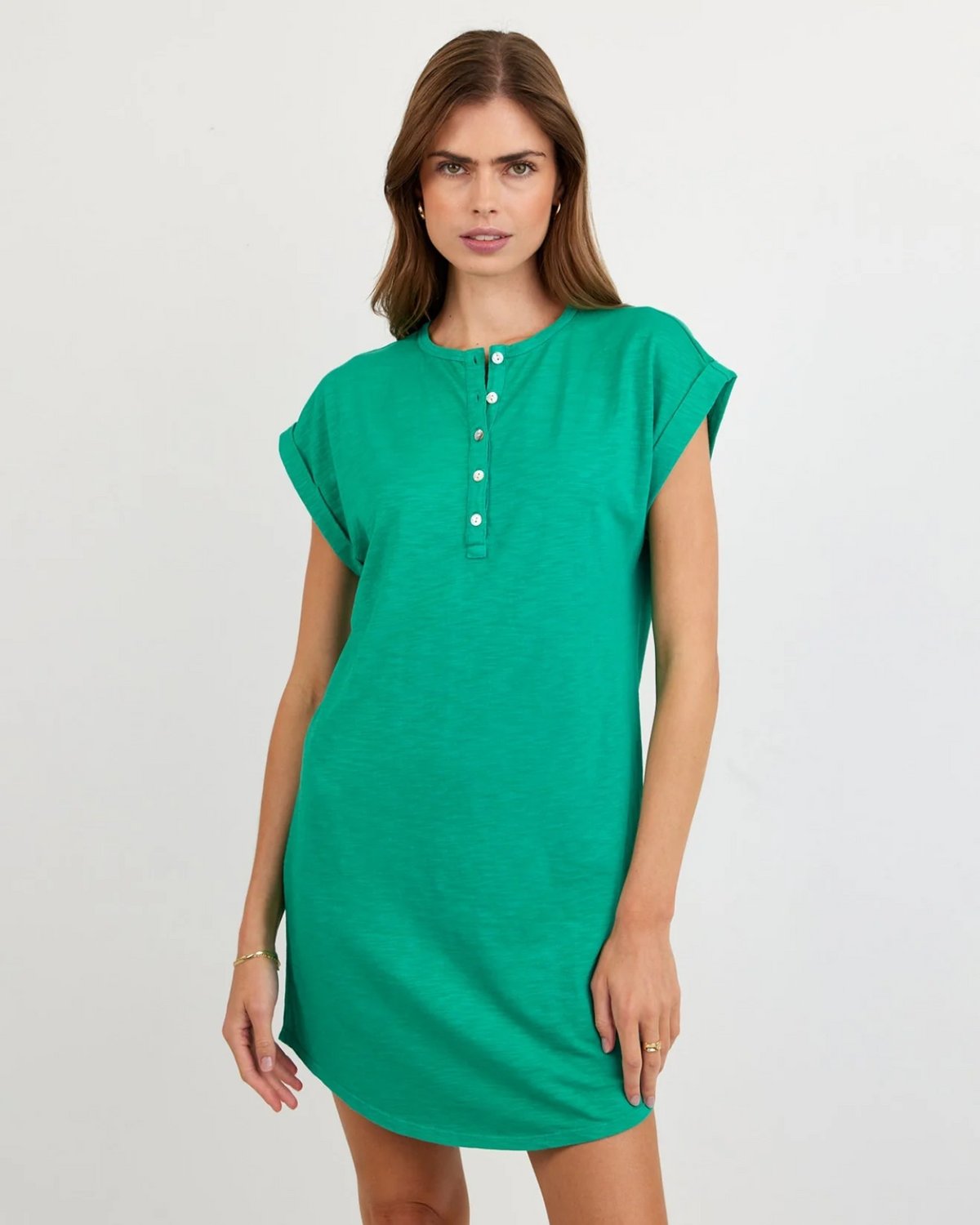 Cap Sleeve Placket Dress - Aqua Green