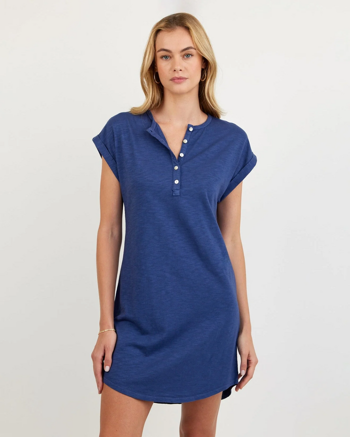 Cap Sleeve Placket Dress - Midnight Surf