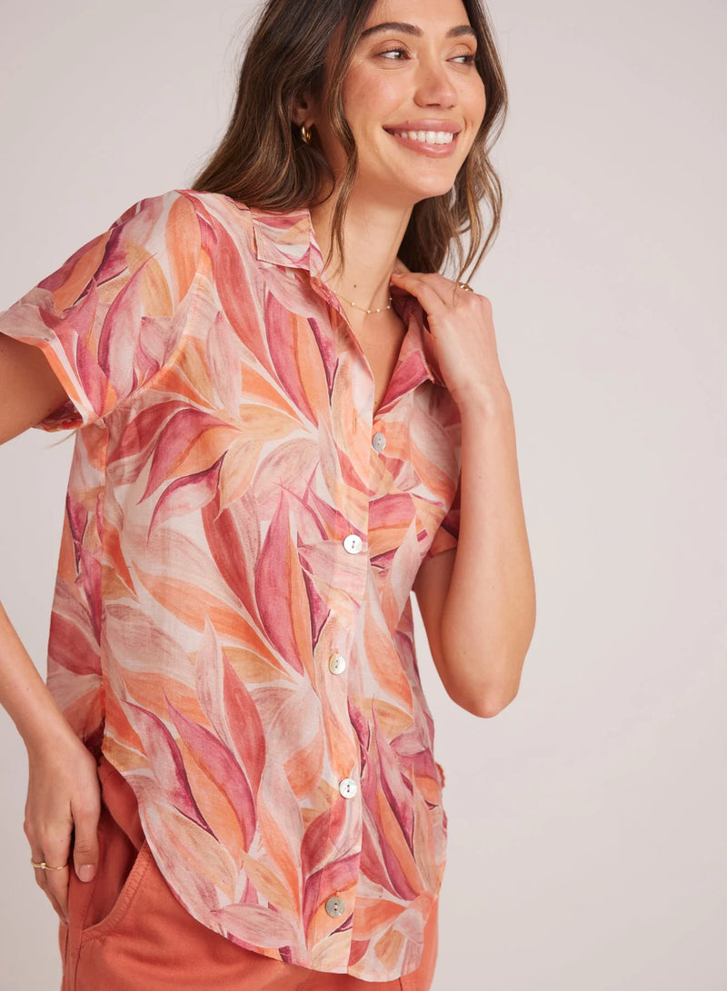 Cuffed Short Sleeve Shirt - Painted Leaves Print