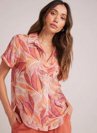 Cuffed Short Sleeve Shirt - Painted Leaves Print