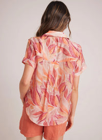 Cuffed Short Sleeve Shirt - Painted Leaves Print