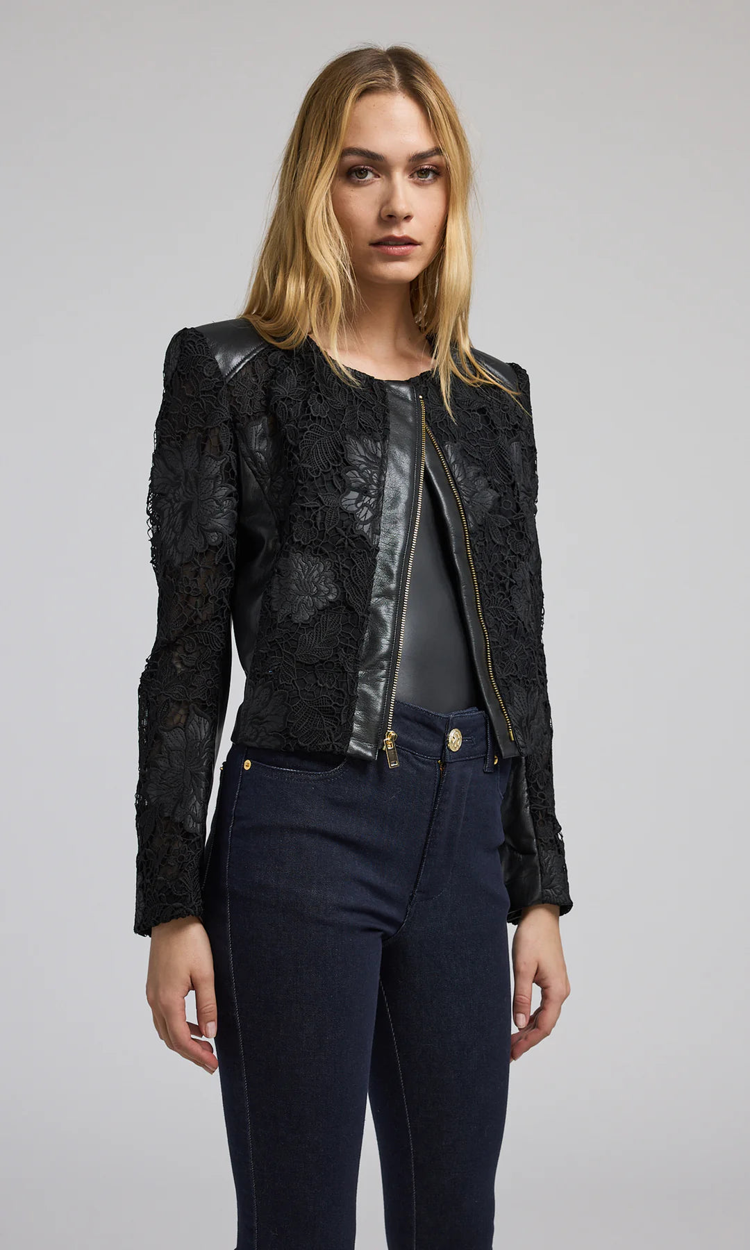 Dalma Vegan Leather Guipure Jacket - Black