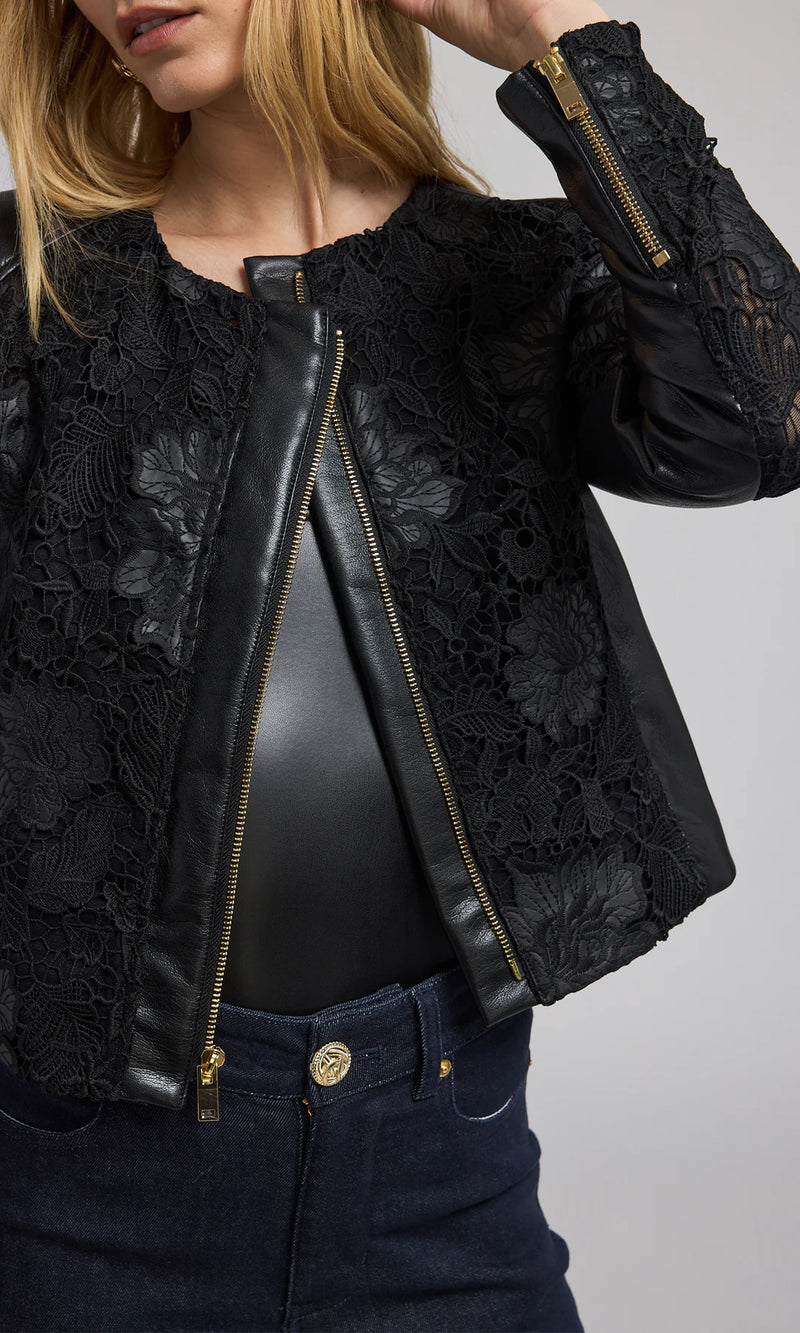 Dalma Vegan Leather Guipure Jacket - Black