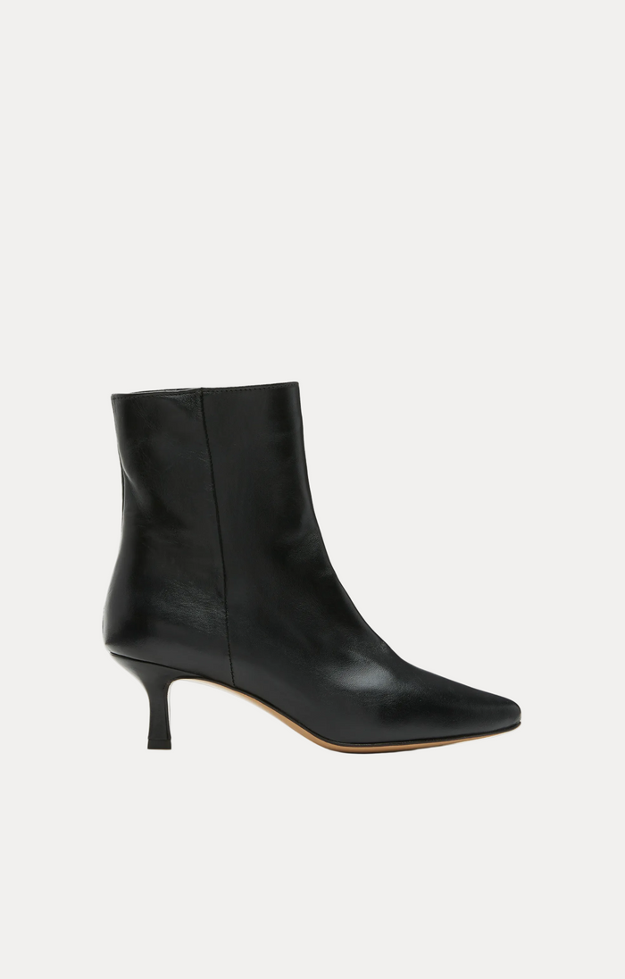 A single black leather ankle boot with a pointed toe and a slim kitten heel, shown in profile against a plain white background.