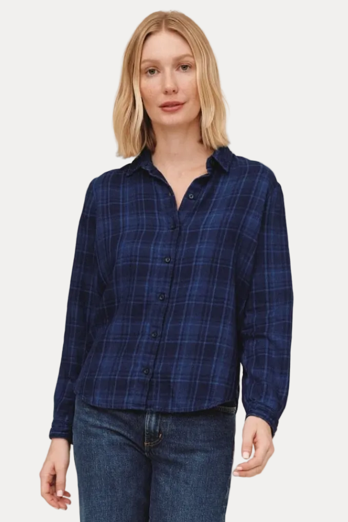 Embroidered Long Sleeve Shirt - Dark Indigo Plaid