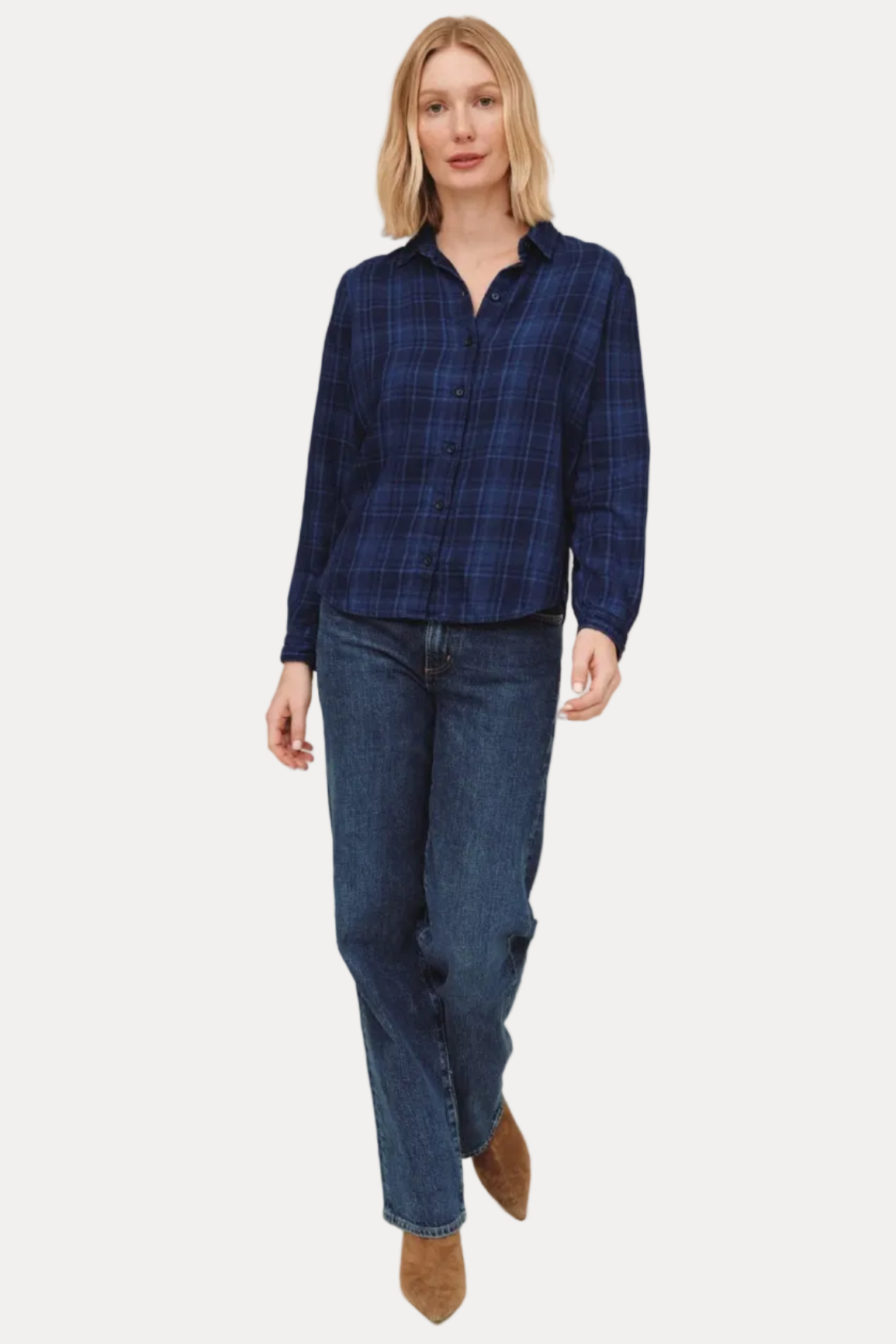 Embroidered Long Sleeve Shirt - Dark Indigo Plaid
