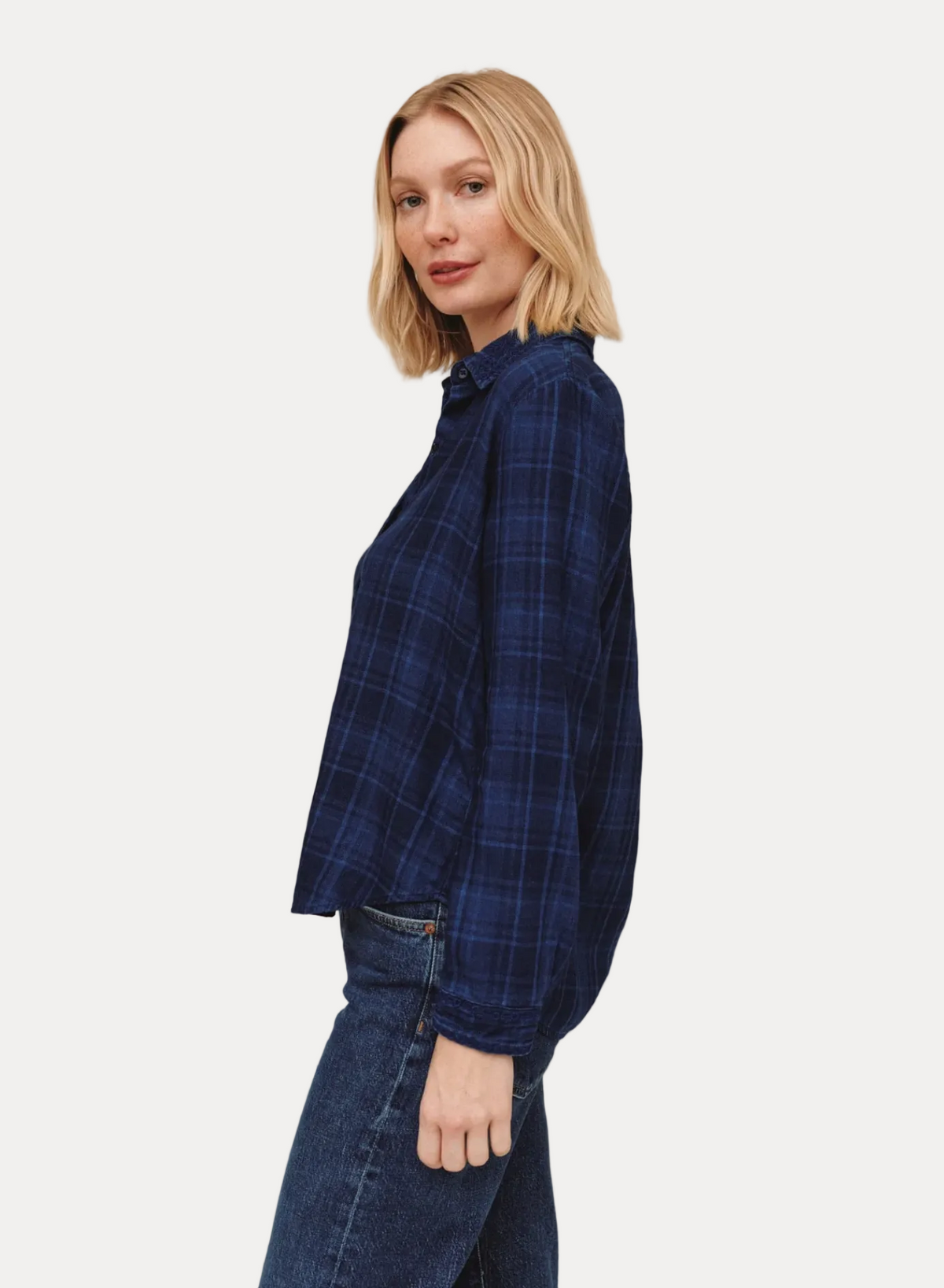 Embroidered Long Sleeve Shirt - Dark Indigo Plaid