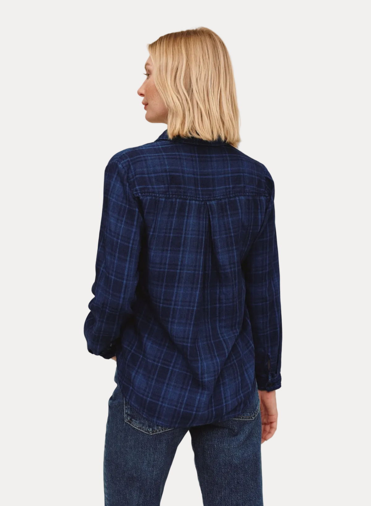 Embroidered Long Sleeve Shirt - Dark Indigo Plaid