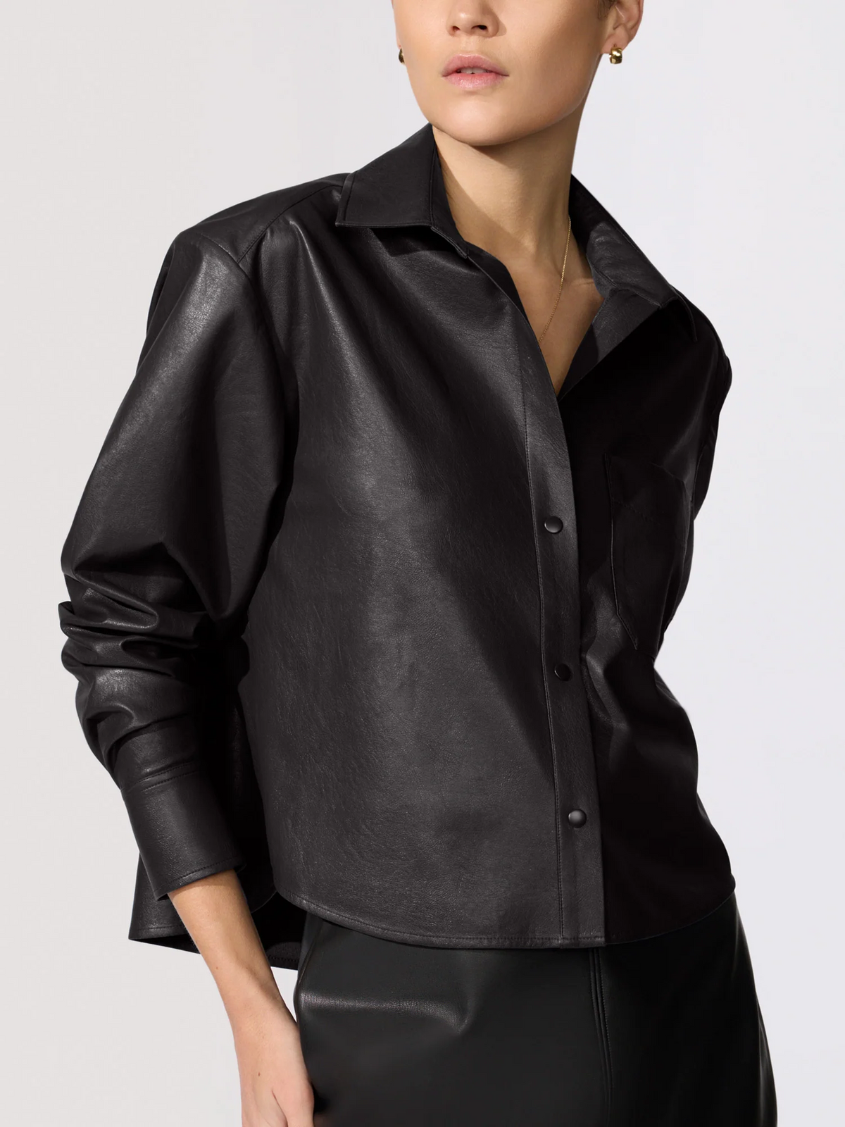 Everyday Cropped Denim Vegan Leather Shirt - Black Onyx