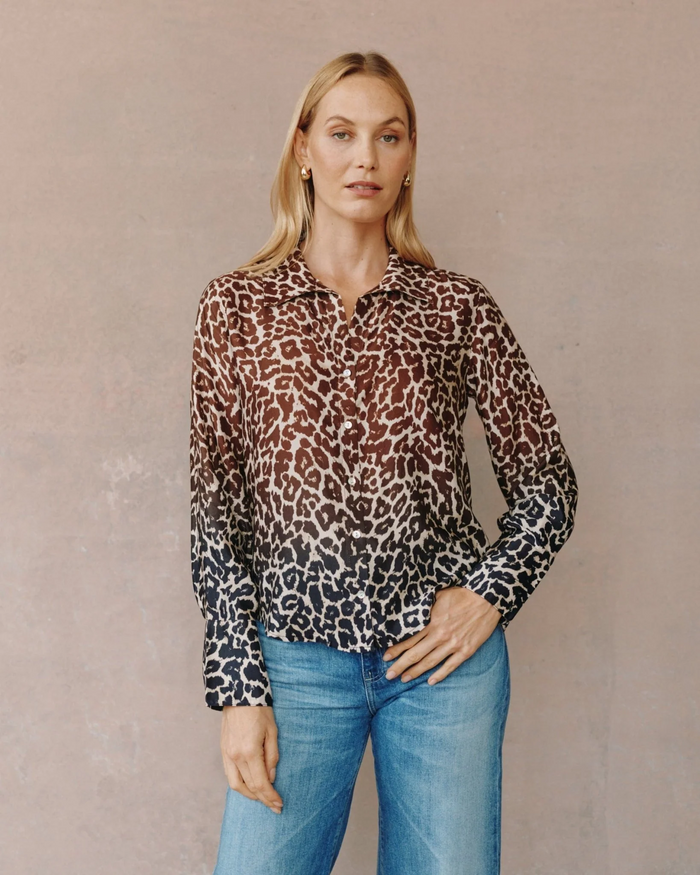 Flowy Wide Collar Button Down - Ombre Leopard