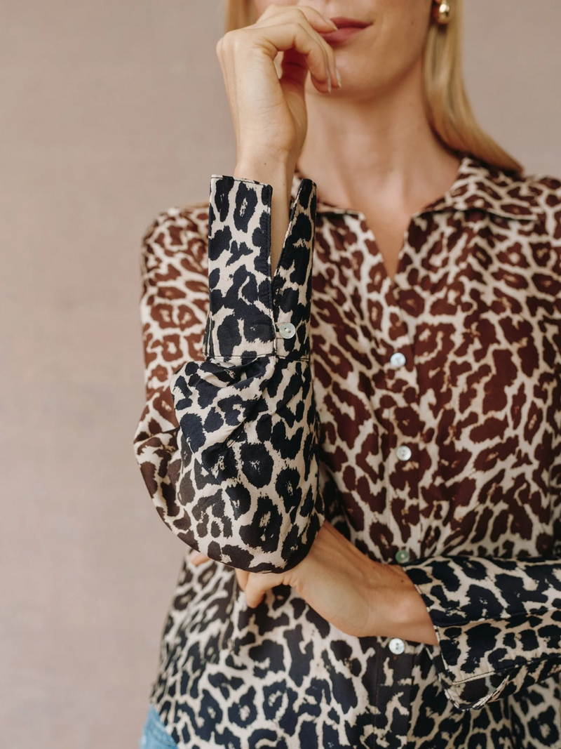 Flowy Wide Collar Button Down - Ombre Leopard