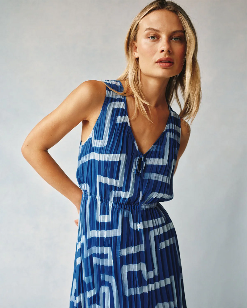 High Low Pleated Dress - Coastal Line Print