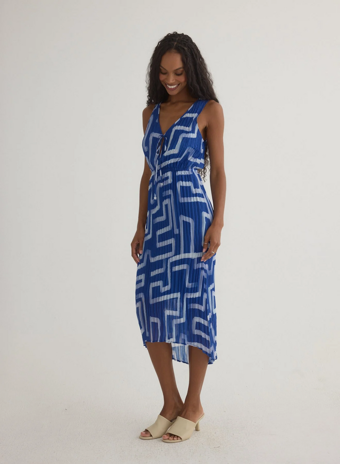 High Low Pleated Dress - Coastal Line Print