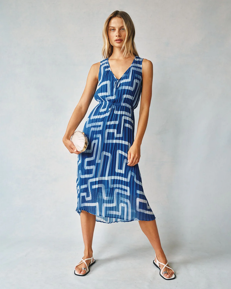 High Low Pleated Dress - Coastal Line Print
