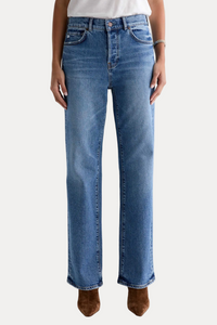 A person wearing medium-wash blue straight-leg jeans with brown pointed-toe boots, shown from the waist down against a clean white studio background.